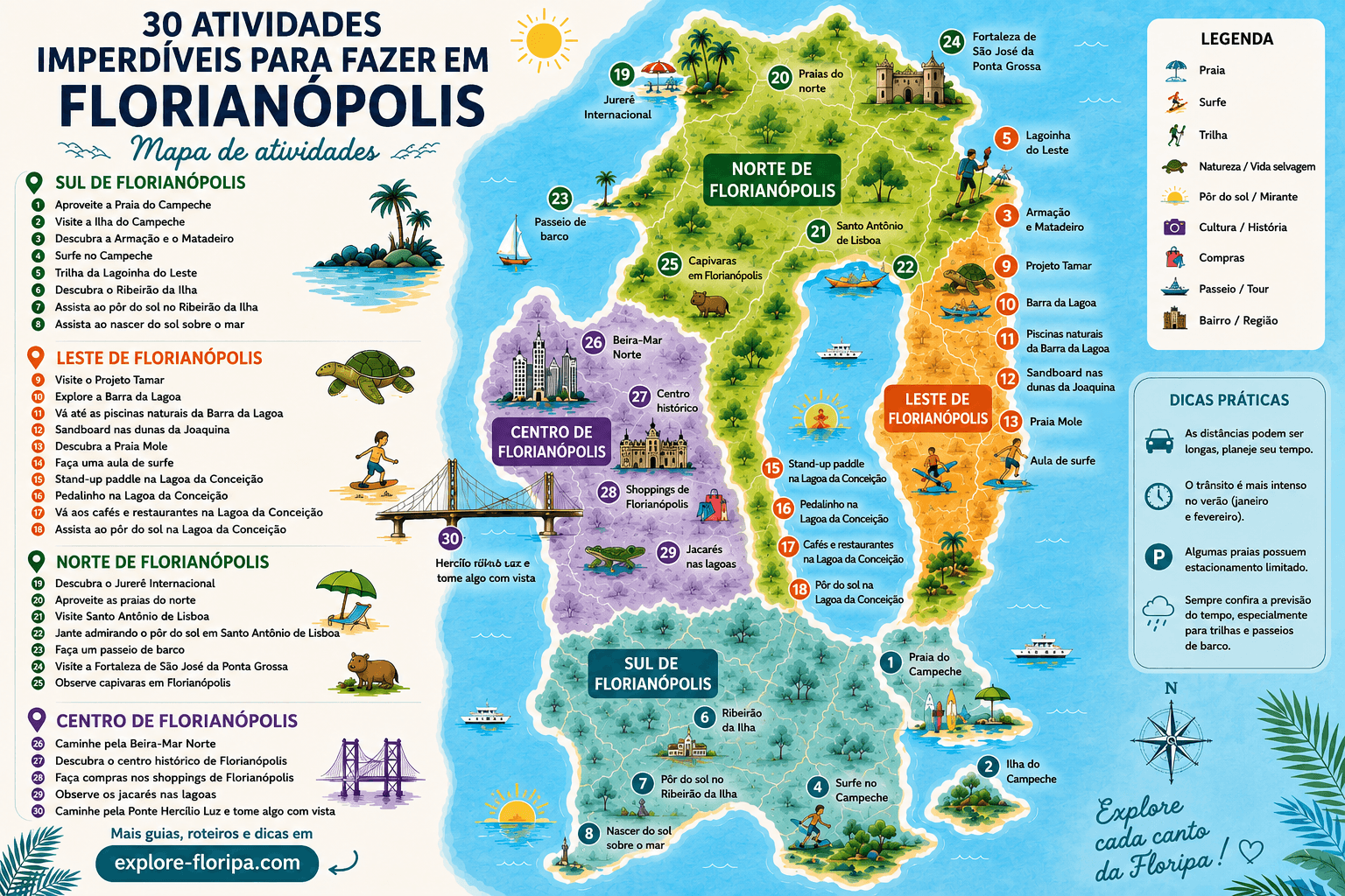 Mapa: O que fazer em Florianópolis, 30 atividades imperdíveis por região