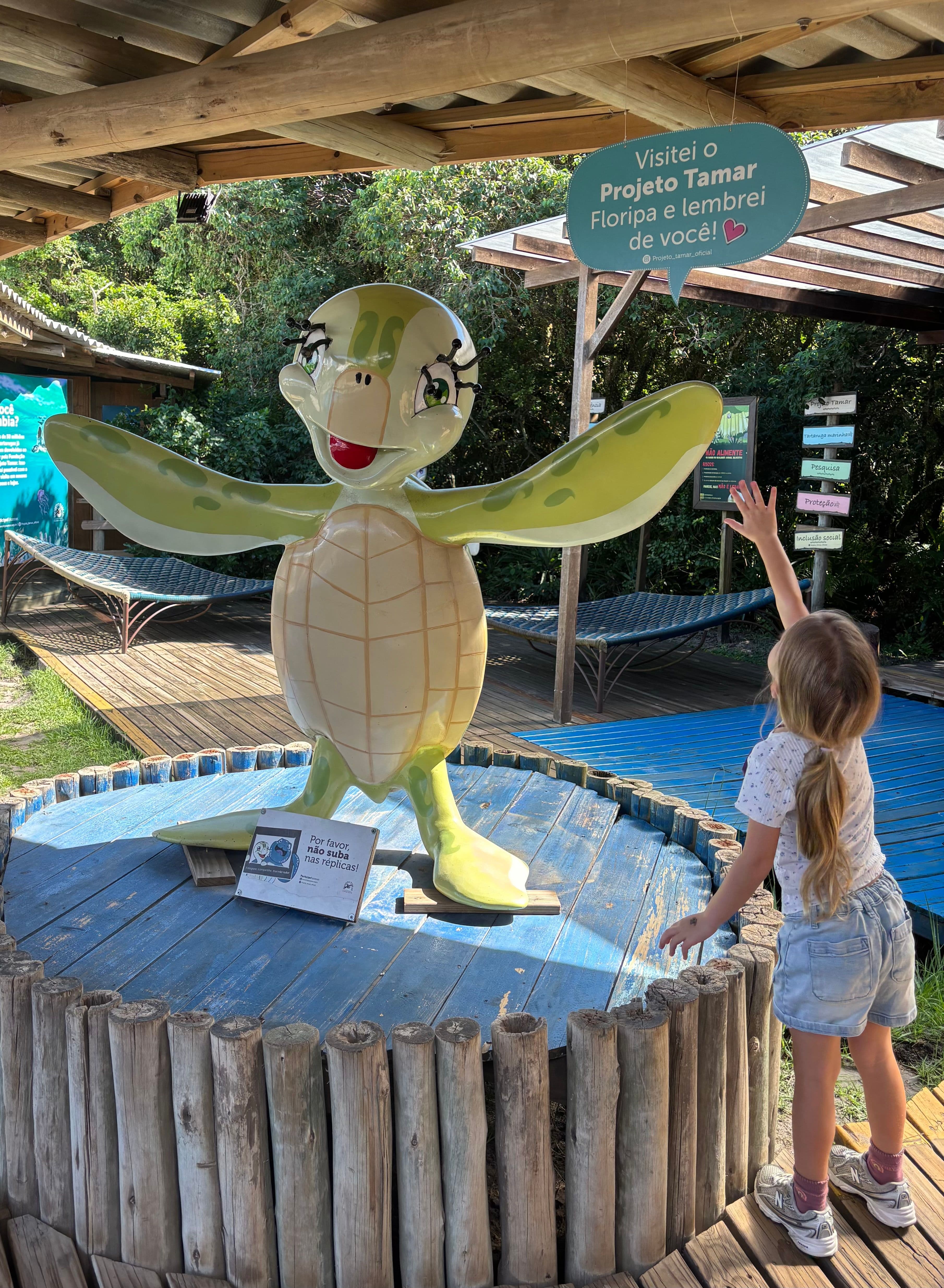 Statue of a turtle with a child reaching out to touch it